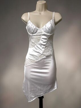 OW Collection White Satin Lace Asymmetric Mini Dress